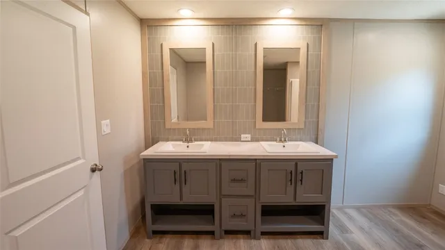 a bathroom with a sink and a mirror
