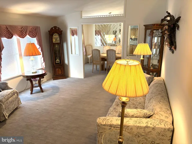 a living room with furniture and a lamp