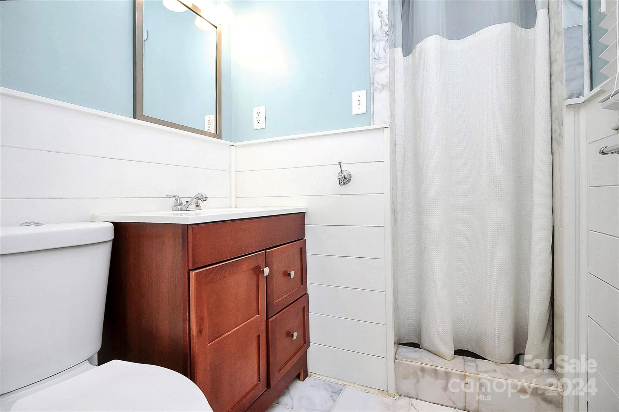 1011 Nancy Drive Charlotte, NC 28211 - Photo 40 of 44 a bathroom with a sink a toilet a mirror and shower curtain