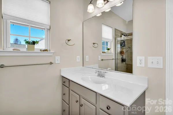 a bathroom with a sink vanity and a mirror