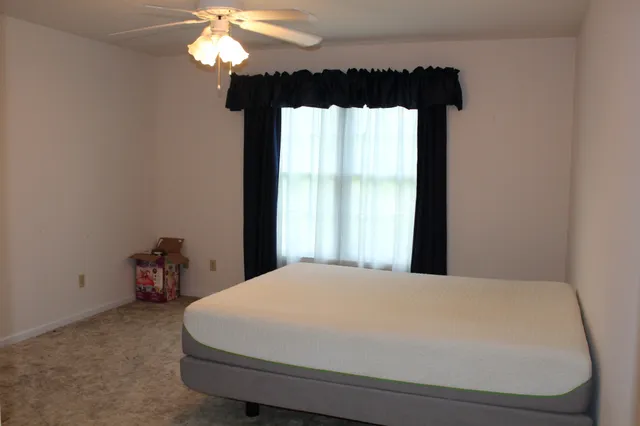 a bathroom with a shower curtain and a toilet