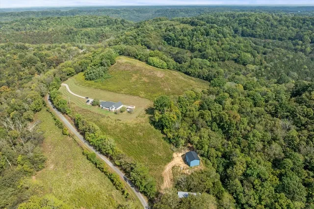 an aerial view of a residential houses with outdoor space and trees all around