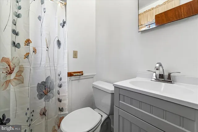 a bathroom with a sink a toilet and shower curtain