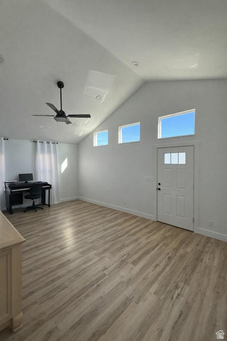 1401 Geronimo Road St. George, UT 84790 - Photo 1 of 1 Entrance foyer featuring light wood finished floors, high vaulted ceiling, and ceiling fan