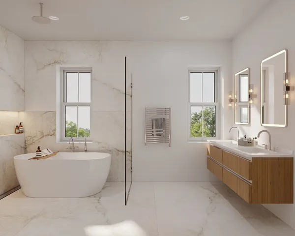 a spacious bathroom with sink and mirror with bathtub