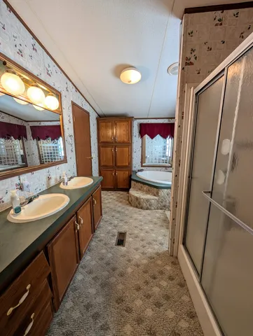 a bathroom with double vanity sink and a mirror