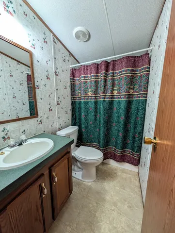 a bathroom with a sink vanity mirror and toilet