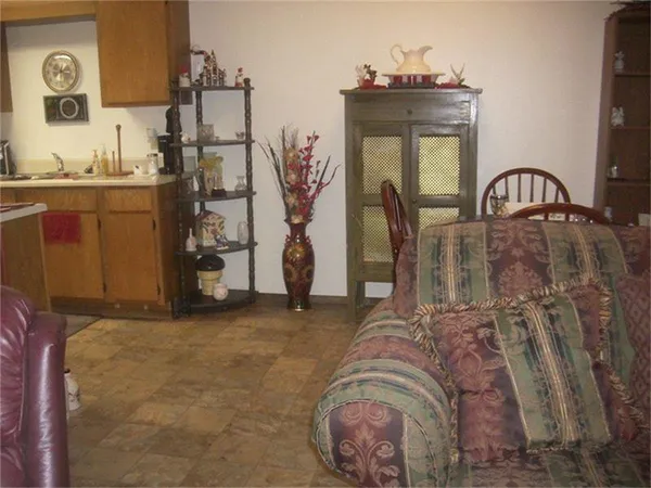 a living room with furniture and a potted plant