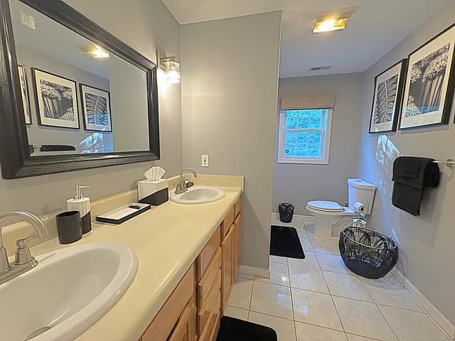 a bathroom with a double vanity sink and a mirror