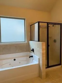 a bathroom with a bathtub and shower