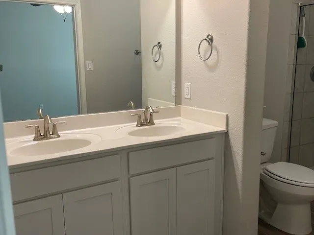 a bathroom with a sink and mirror with toilet