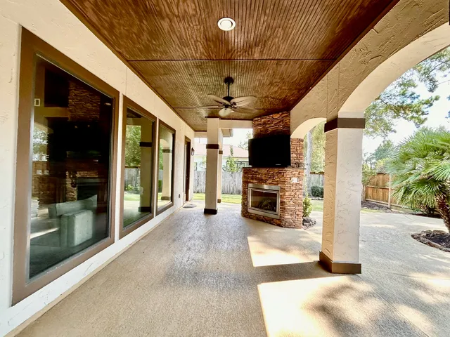 a front view of a house with patio