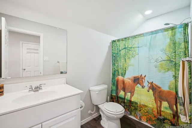 a bathroom with a sink a toilet and a mirror