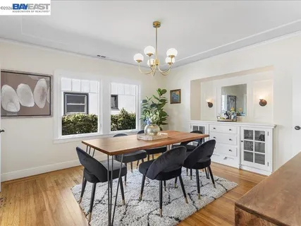 a view of a dining room with furniture and window