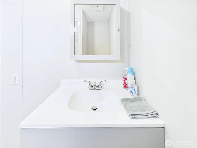 a bathroom with a sink and a mirror