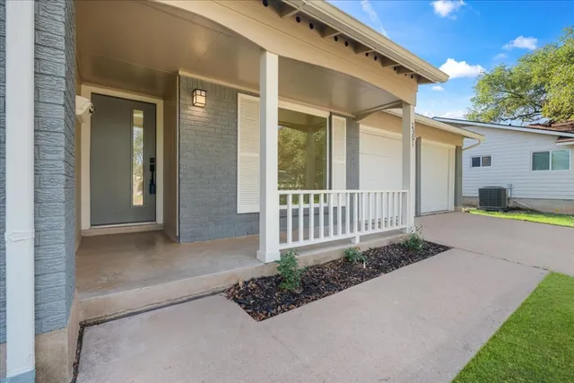 a porch with seating space