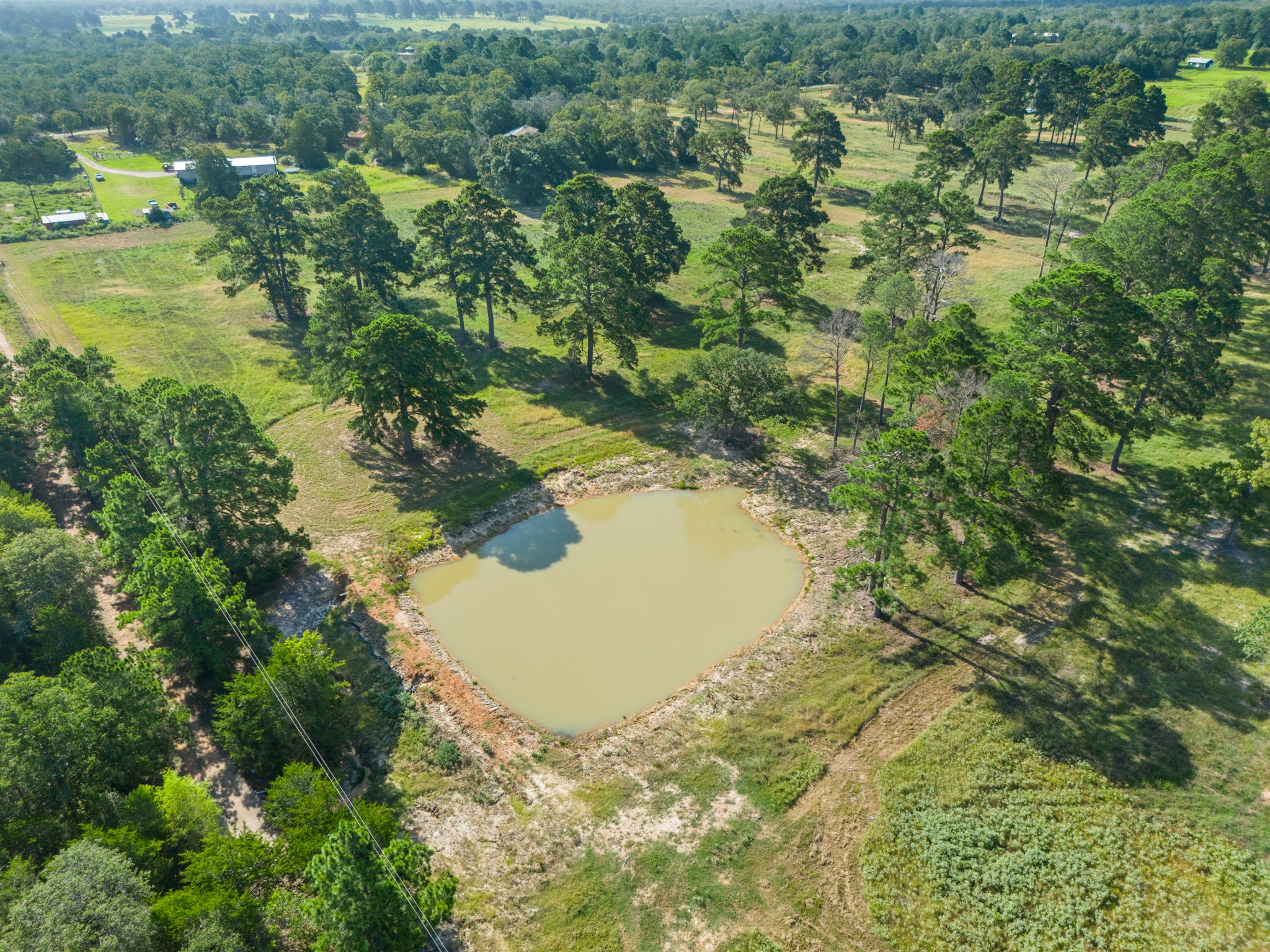 170 Split Oak Road Smithville, TX 78957 - Photo 25 of 31 An aerial perspective reveals a serene pond amidst expansive green acreage, framed by mature trees.