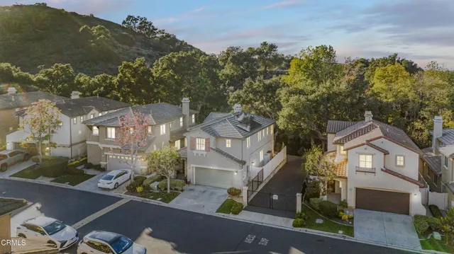 a view of a backyard with large trees and wooden fence