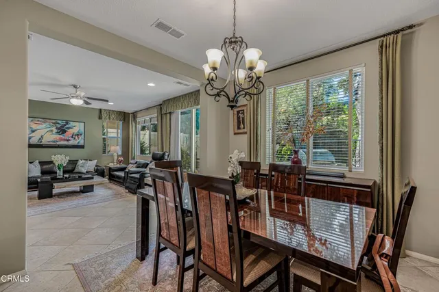a view of a dining room with furniture window and outside view