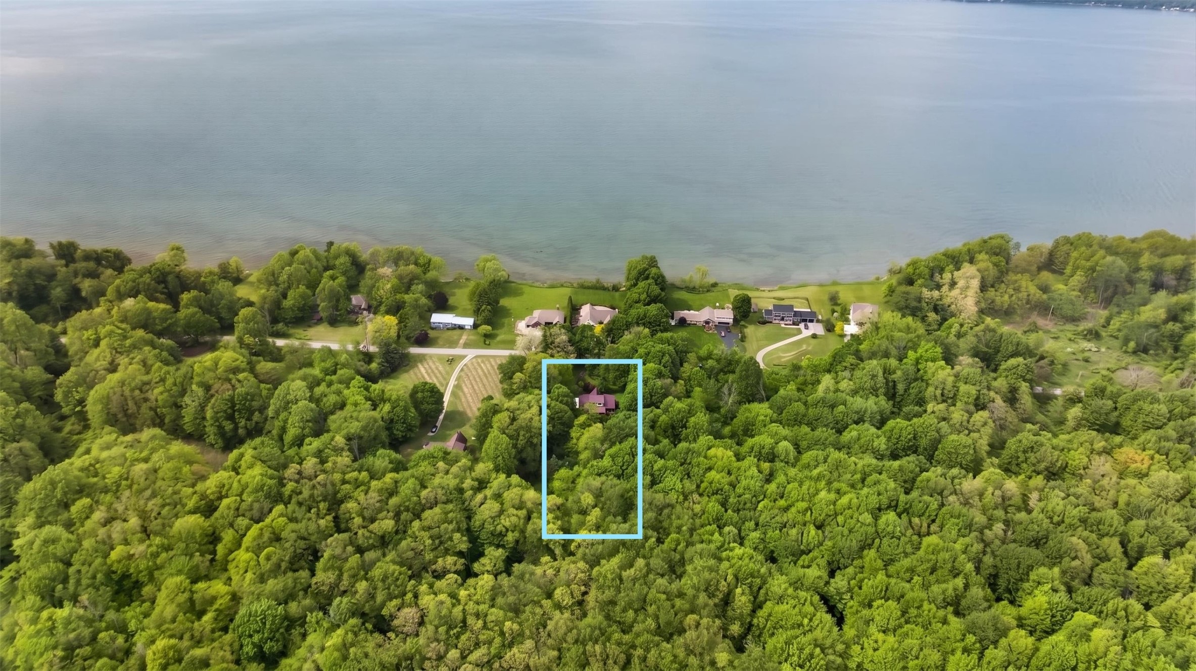 Aerial view; blue box is approx 2 acre lot of 13723 Old Lake Road