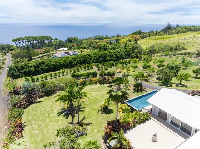 an aerial view of residential houses with outdoor space and trees all around