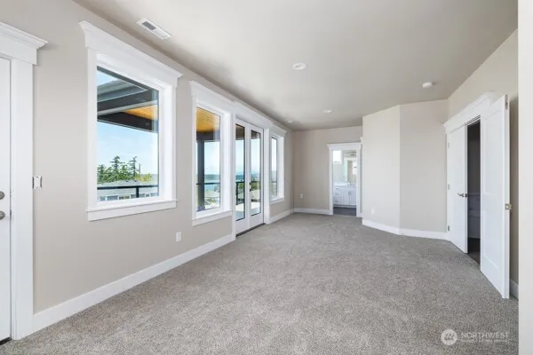 an empty room with windows and a potted plant