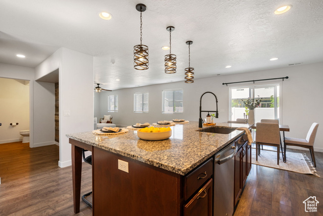 3456 South Linden Way Syracuse, UT 84075 - Photo 12 of 50 Kitchen with a sink, stainless steel dishwasher, baseboards, recessed lighting, and dark wood-style floors