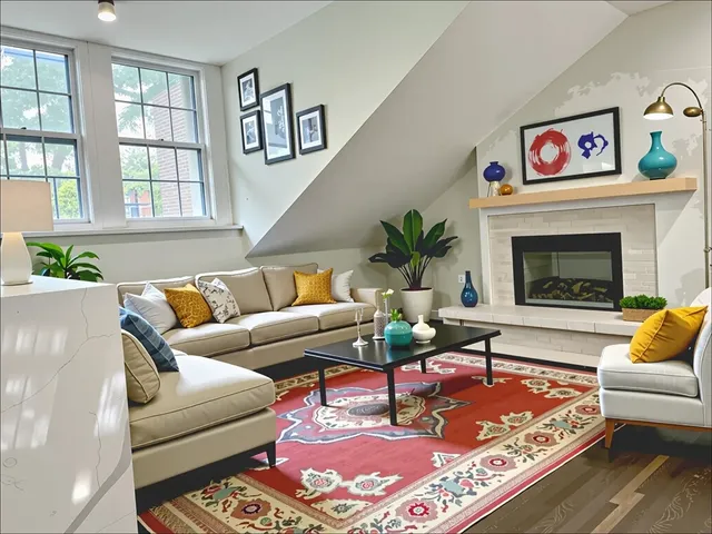 a living room with furniture windows and a fireplace