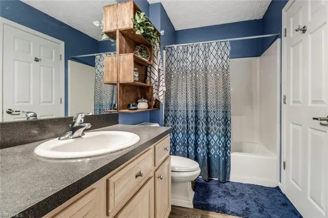 a bathroom with a sink a toilet and shower curtain
