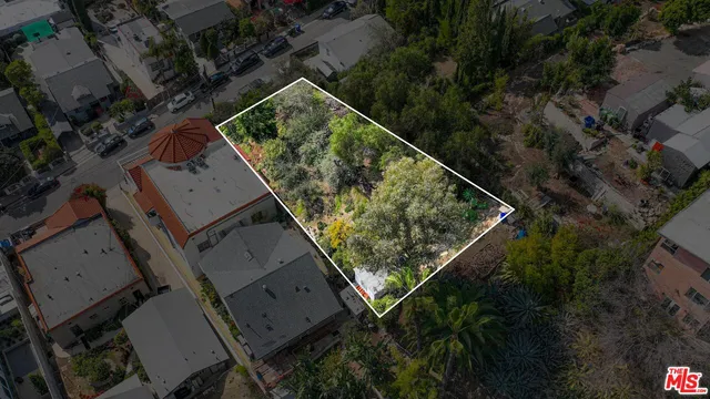 an aerial view of a house with a yard and large trees