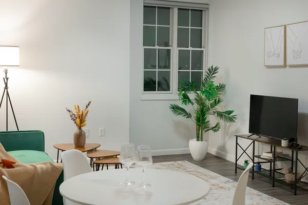 a living room with furniture potted plant and a window