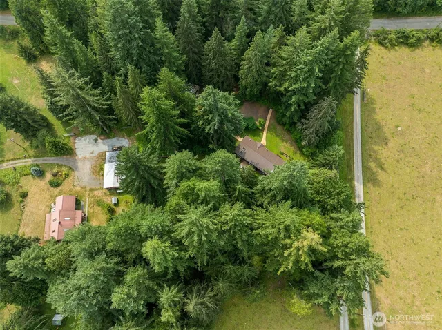 an aerial view of residential house with outdoor space and trees all around