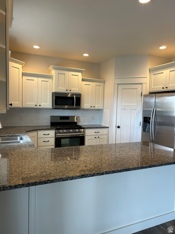 175 North 100th West Centerfield, UT 84622 - Photo 11 of 32 Modern kitchen featuring white shaker cabinetry, granite countertops, stainless steel appliances, a subway tile backsplash, and recessed lighting