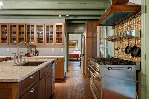 a view of a table and chairs in a room