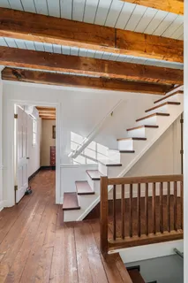 a view of a yard with large trees