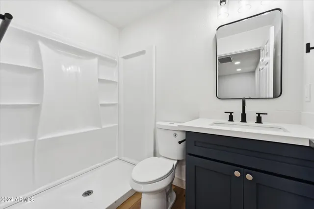 a bathroom with a sink toilet vanity and tub