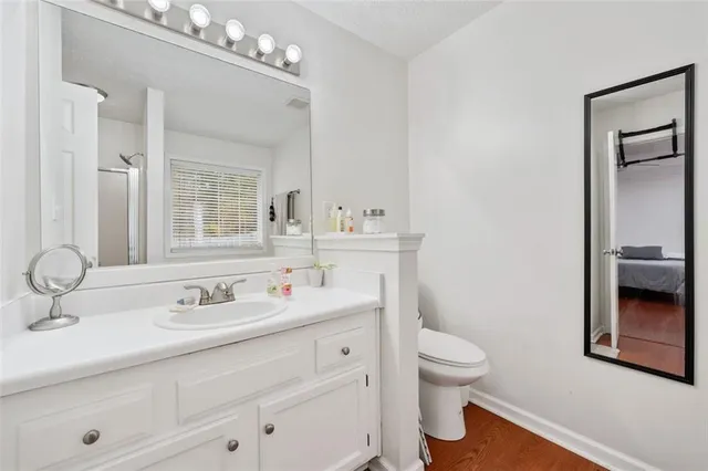 a bathroom with a sink a toilet and a mirror