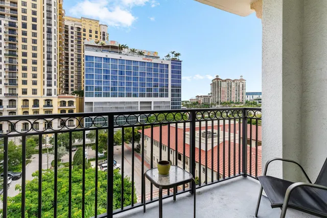 a balcony with a bench