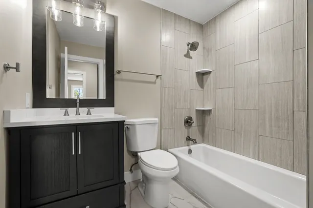 a bathroom with a toilet a sink a mirror a bathtub and vanity