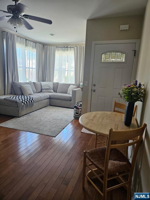 a living room with furniture potted plant and window