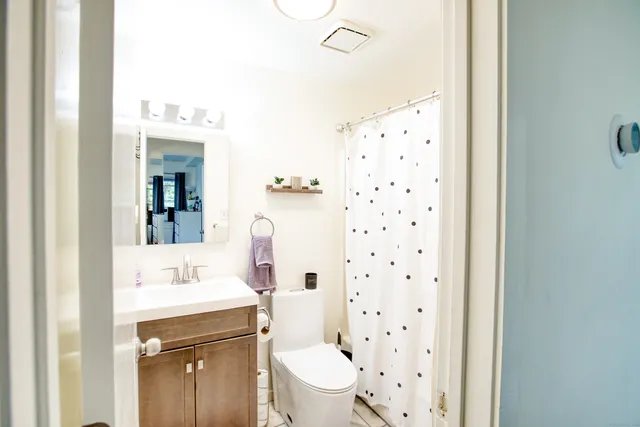 a bathroom with a sink a toilet and shower curtain