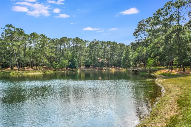 a view of a lake with a yard and mountain view