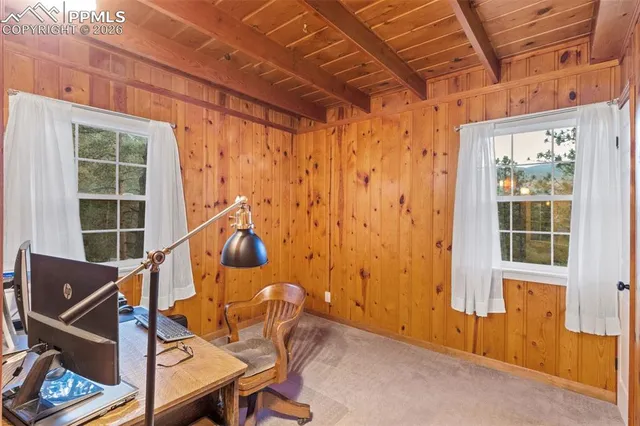 a view of a room with wooden furniture and windows