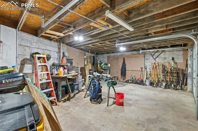 a view of a storage room with gym equipment