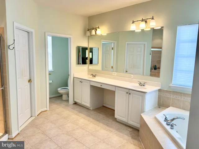 a bathroom with a tub sink and mirror