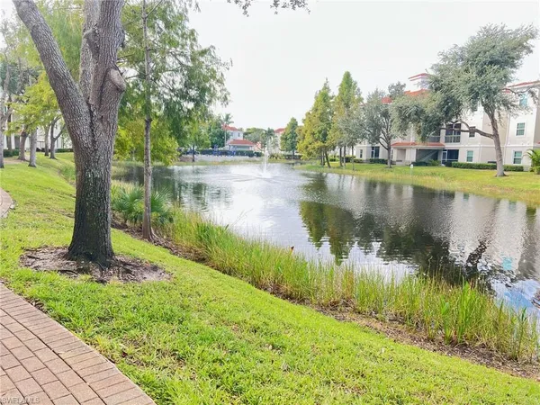 a view of a lake with a yard and large trees