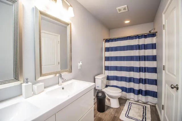 a bathroom with a sink a toilet a mirror and shower curtain