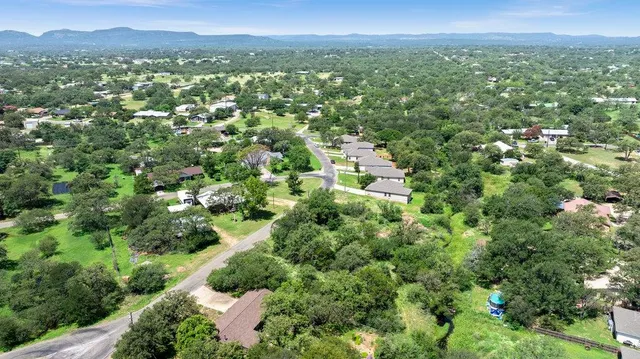 a view of a city with lush green forest