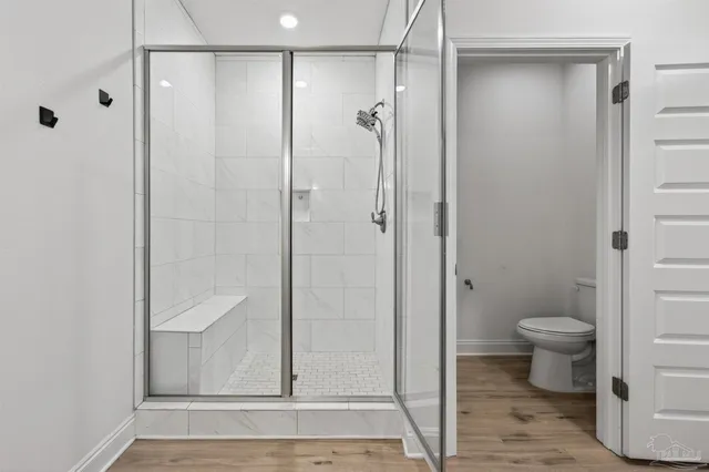 a bathroom with a shower and a toilet