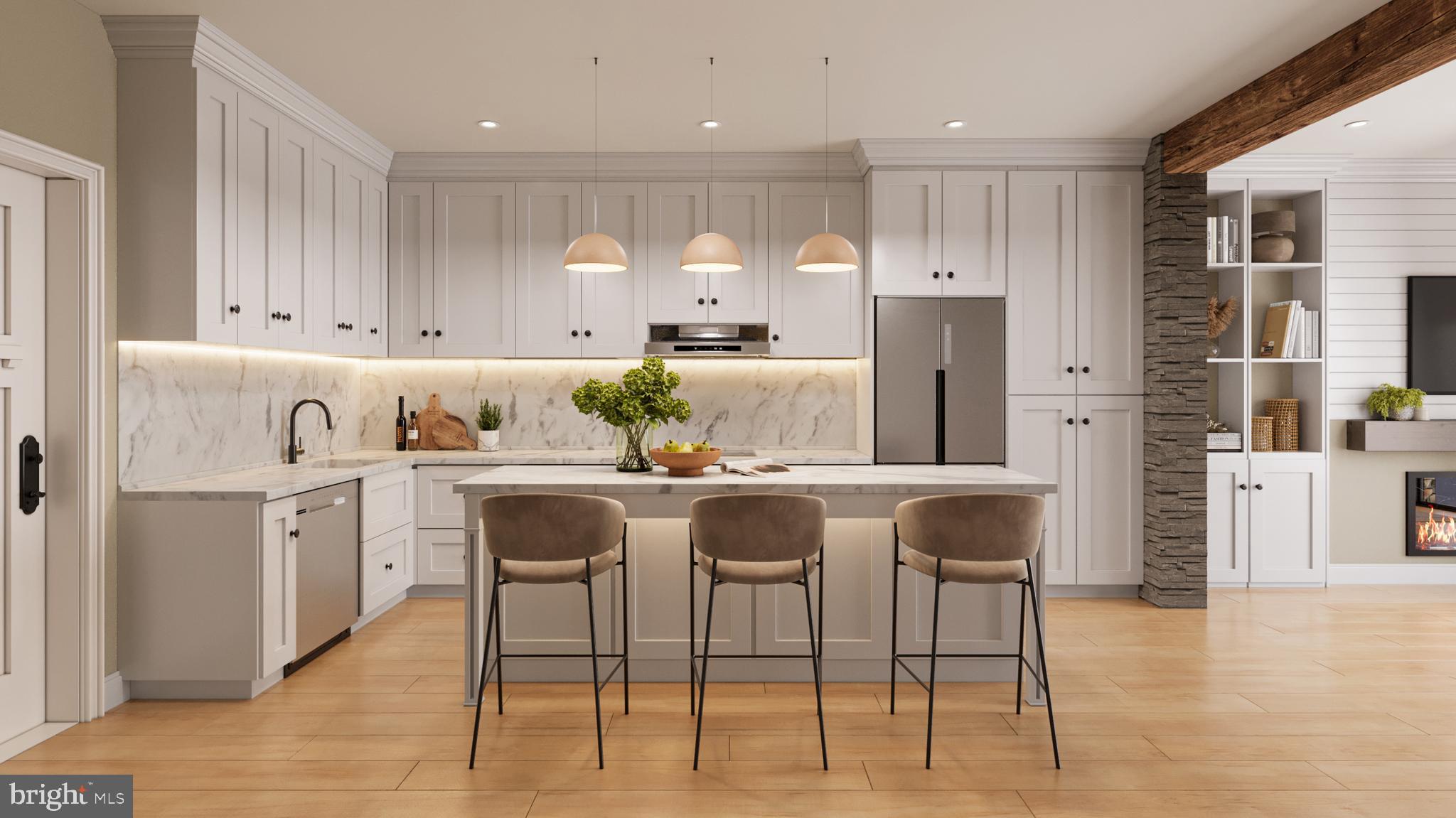 a kitchen with stainless steel appliances kitchen island granite countertop a refrigerator a stove a sink and white cabinets with wooden floor